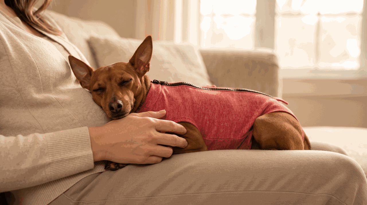 Pinscher descansando em paz no sofá